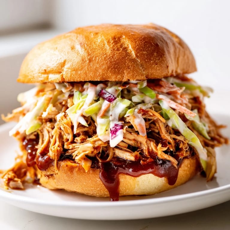Savory pulled chicken sandwich garnished with tangy slaw, ready to serve with sweet potato fries for a complete American dinner.