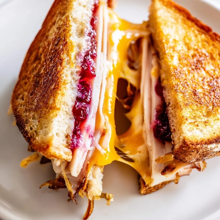 A close-up of a skillet-cooked Smoked Turkey Grilled Cheese on whole wheat, ready to slice.