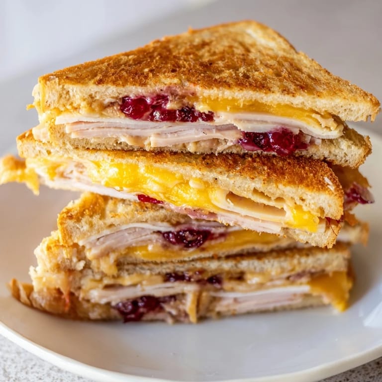 Buttery Smoked Turkey Grilled Cheese layered with turkey and cheddar, served beside a small salad.