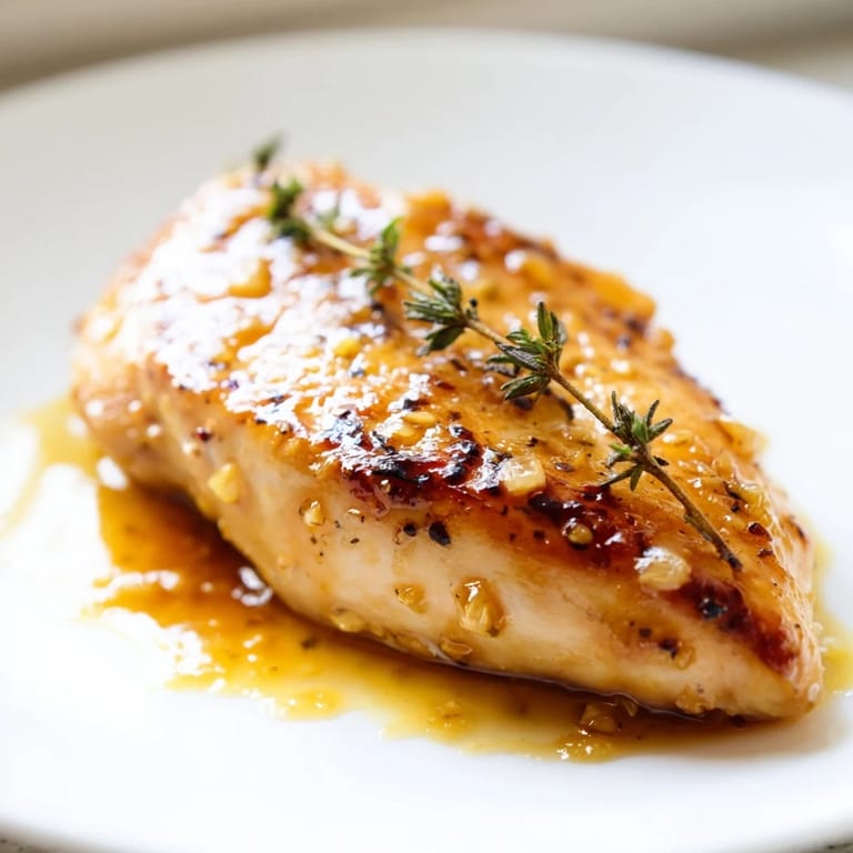 A close-up of juicy chicken thighs coated in a sticky, sweet honey Dijon glaze in a cast-iron skillet.