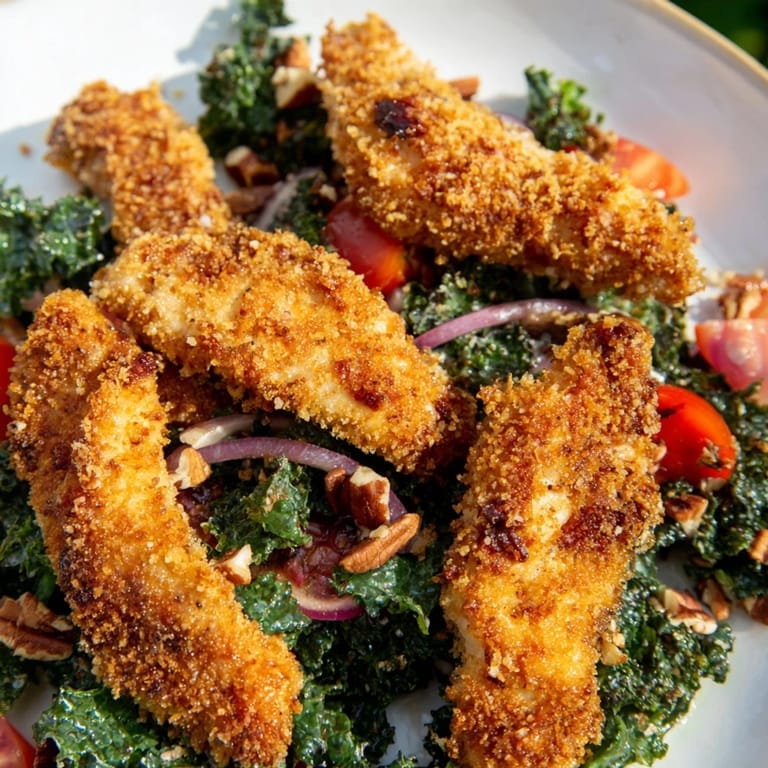 Overhead view of a hearty Crispy Chicken Kale Salad with sliced chicken, toasted pecans, and glistening dressing, ready to serve.