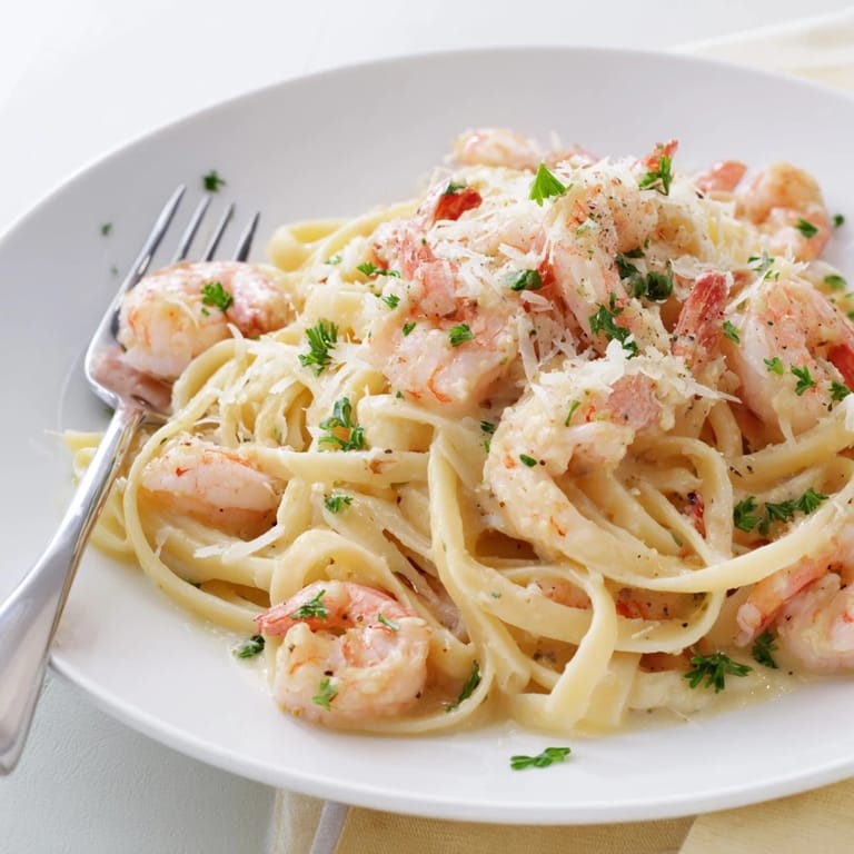Plate of Creamy Garlic Shrimp Pasta, garnished with lemon wedges and parsley, ideal for an elegant Italian-American meal.