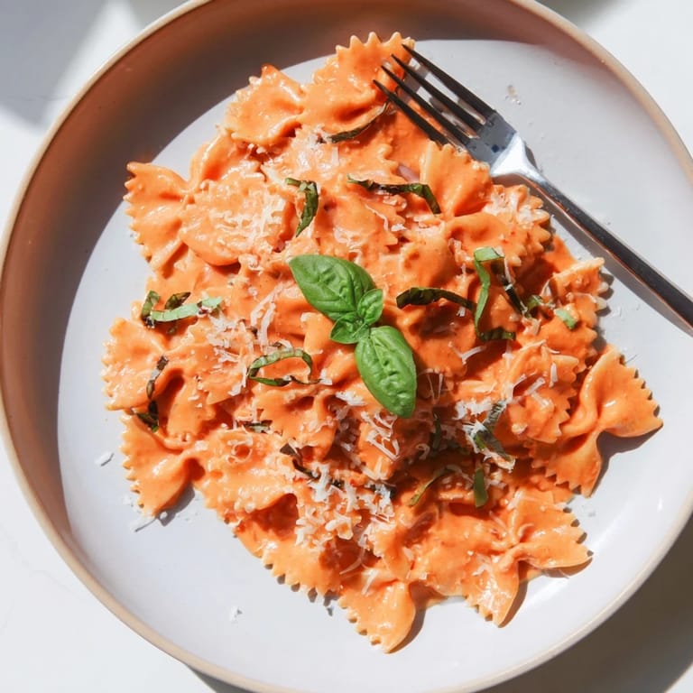 Steaming tomato basil bowtie pasta in a rustic skillet, featuring tender bowtie noodles coated in a rich, creamy red sauce.  