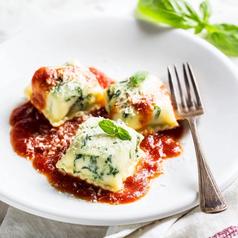 Steaming Spinach Ricotta Ravioli topped with marinara sauce, perfect for a cozy Italian-inspired dinner.