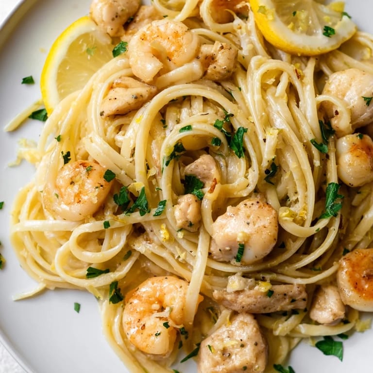 Serving suggestion for Lemon Garlic Shrimp & Chicken Pasta: a steaming bowl topped with fresh parsley and lemon wedges, ready for a weeknight dinner.