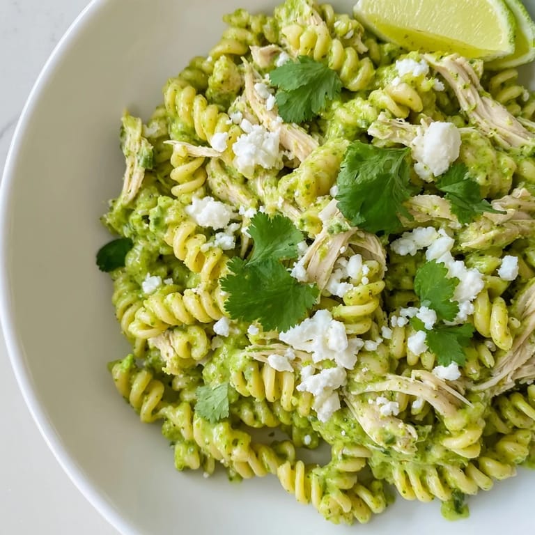 Fresh Cilantro Lime Chicken Pasta in a white bowl, featuring tender chicken, vibrant herbs, and tangy yogurt sauce perfect for weeknight dinners.
