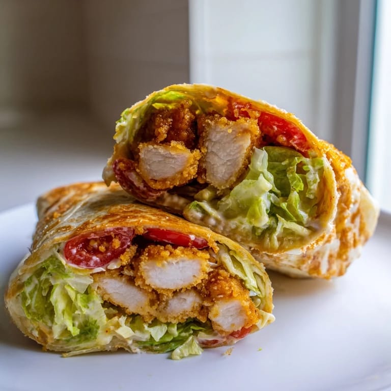 This handheld meal features tender fried chicken tossed in sweet heat, layered with crunchy croutons on a soft wrap.