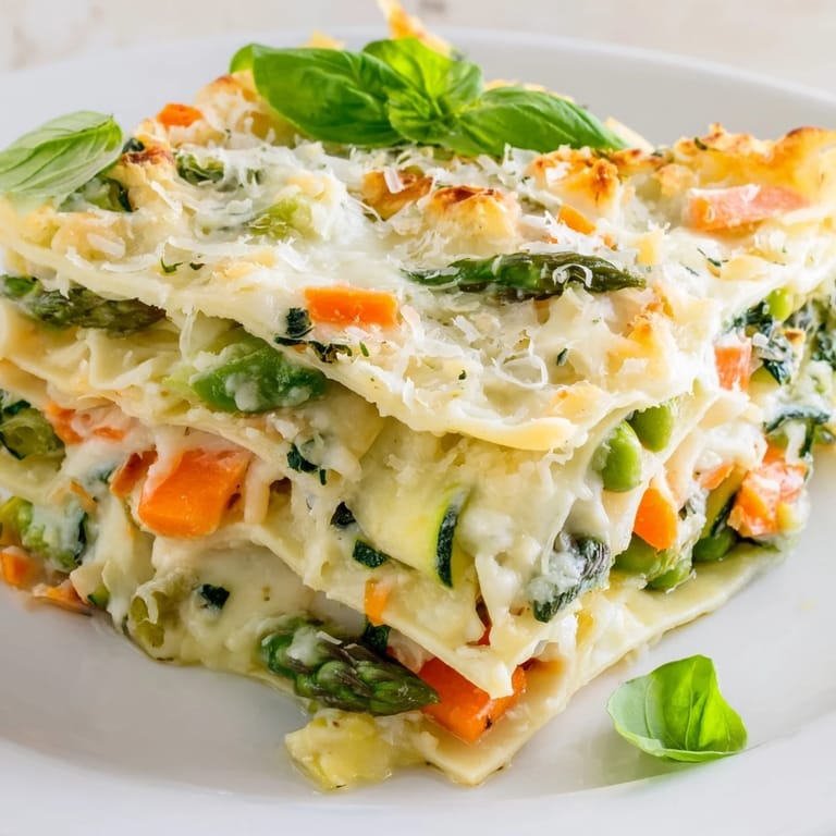 Spring Veggie Alfredo Lasagna fresh from the oven, garnished with basil, melted mozzarella, and vibrant asparagus slices.  
