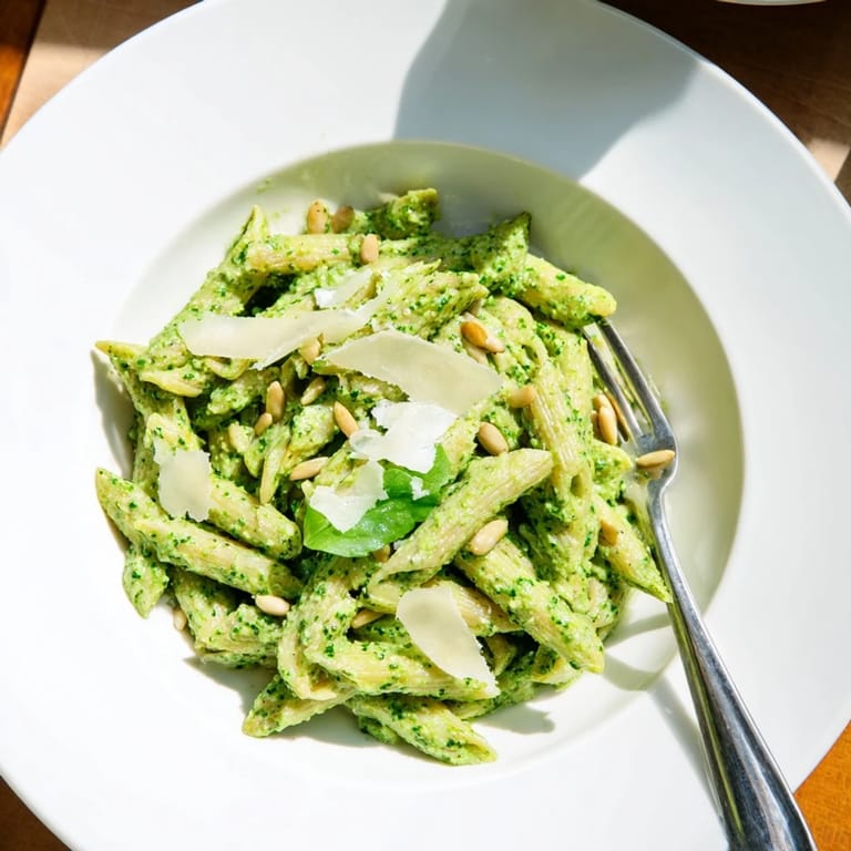 Easy vegetarian Creamy Sunflower Seed Pesto Pasta served with a glass of crisp white wine, perfect for a cozy weeknight dinner.