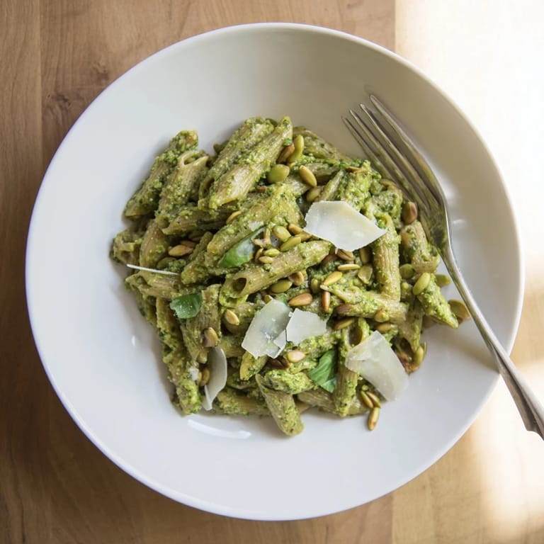 A bowl of Creamy Sunflower Seed Pesto Pasta, garnished with Parmesan and a lemon wedge, steaming warmly on a rustic wooden table.