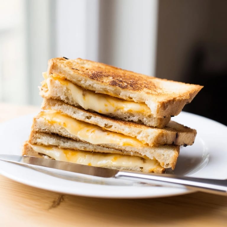 Thick, buttery sourdough bread holds a trio of cheeses, creating the ultimate Triple Cheese Sourdough Grilled Cheese.