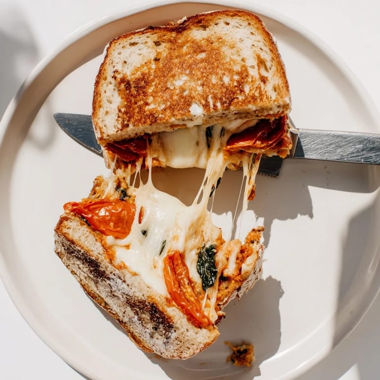 A close-up of Roasted Tomato Pesto Grilled Cheese highlights crispy sourdough crust, oozing cheddar, and caramelized tomatoes with fresh basil.