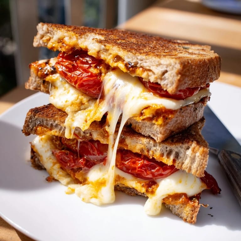 Rustic slices of Roasted Tomato Pesto Grilled Cheese are cut on a diagonal, revealing layers of pesto and gooey mozzarella.