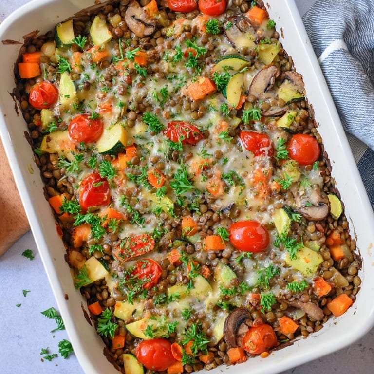 Rustic Green Lentil and Vegetable Casserole with a golden crust, garnished with parsley and ready to serve for dinner.