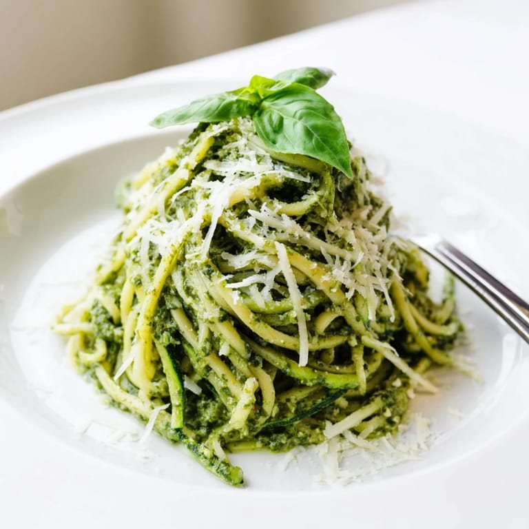 Serving suggestion: a bowl of zucchini noodles with basil pesto, extra Parmesan, and optional red pepper flakes.