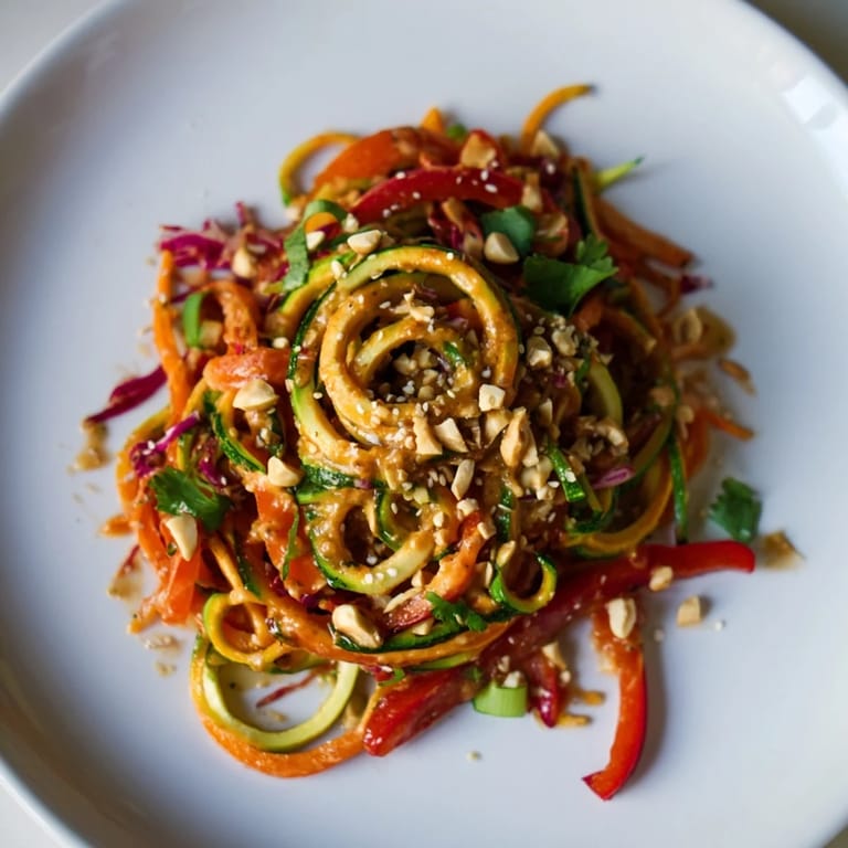 A light, vibrant Raw Vegetable Noodle Salad featuring zesty sesame-ginger dressing over crunchy spiralized veggies, perfect for a refreshing vegan lunch or easy summer side dish.