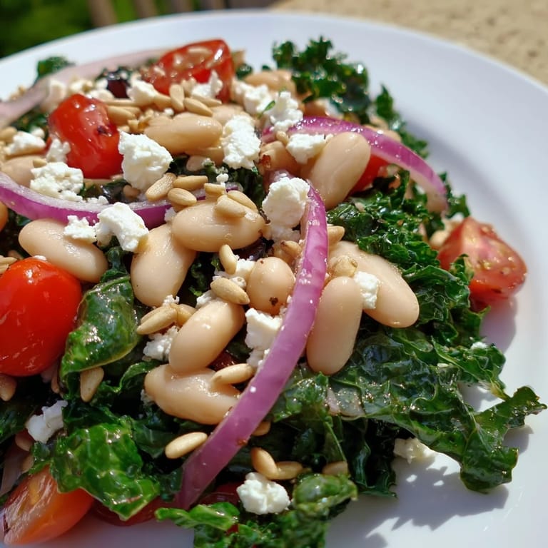 Hearty White Bean and Kale Salad with crunchy sunflower seeds and optional feta, ready to enjoy as a vibrant Mediterranean lunch.
