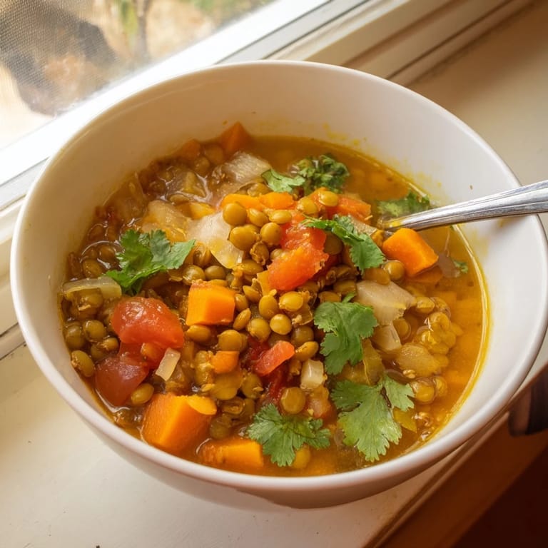 Hearty mung bean soup simmered with turmeric and carrots, glowing in a bowl with a garnish of fresh cilantro.  