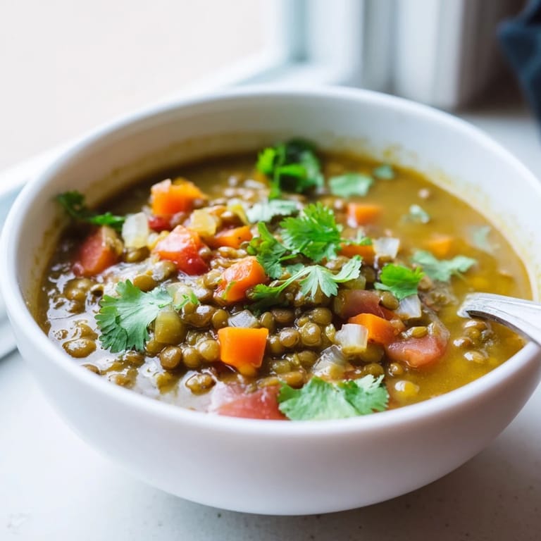 Close-up of creamy mung bean soup topped with cilantro and lemon, ready to be scooped with a spoon.