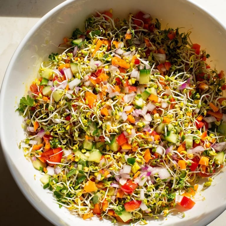 Healthy vegan Sprouted Seed Salad, showcasing a colorful medley of sprouts and vegetables, perfect as a refreshing side or light lunch.