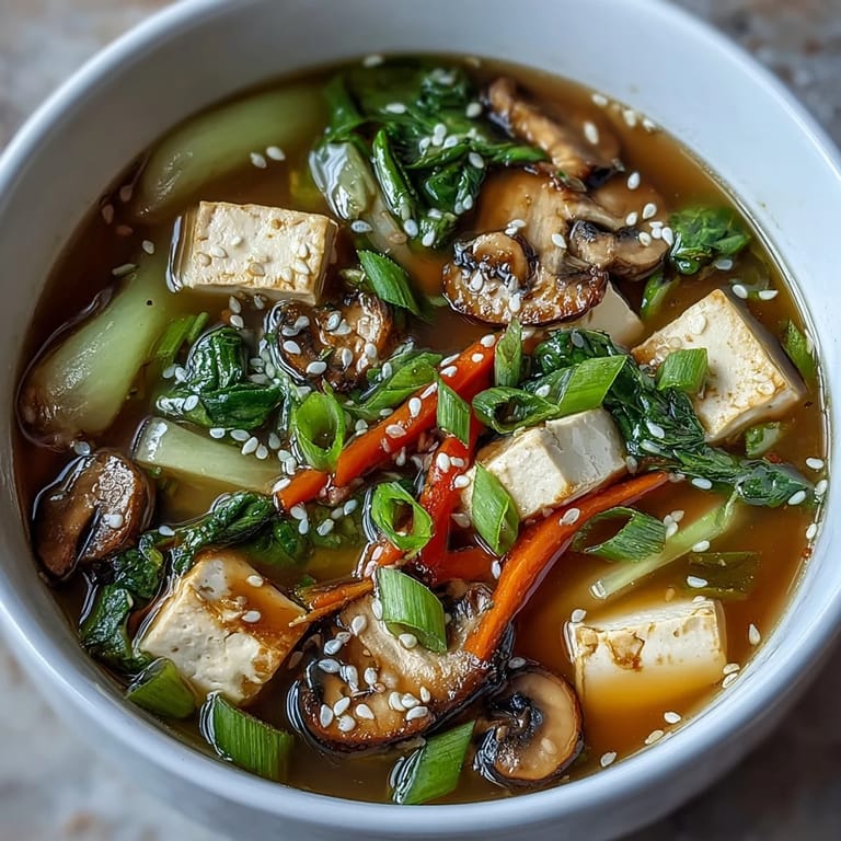 Asian-inspired Tofu and Vegetable Soup, a delicious light broth with delicate ingredients.