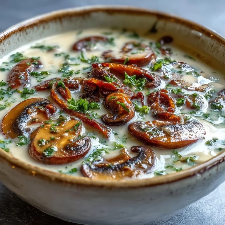 Steaming homemade mushroom soup with sautéed vegetables and a swirl of cream, ready to enjoy with crusty bread.
