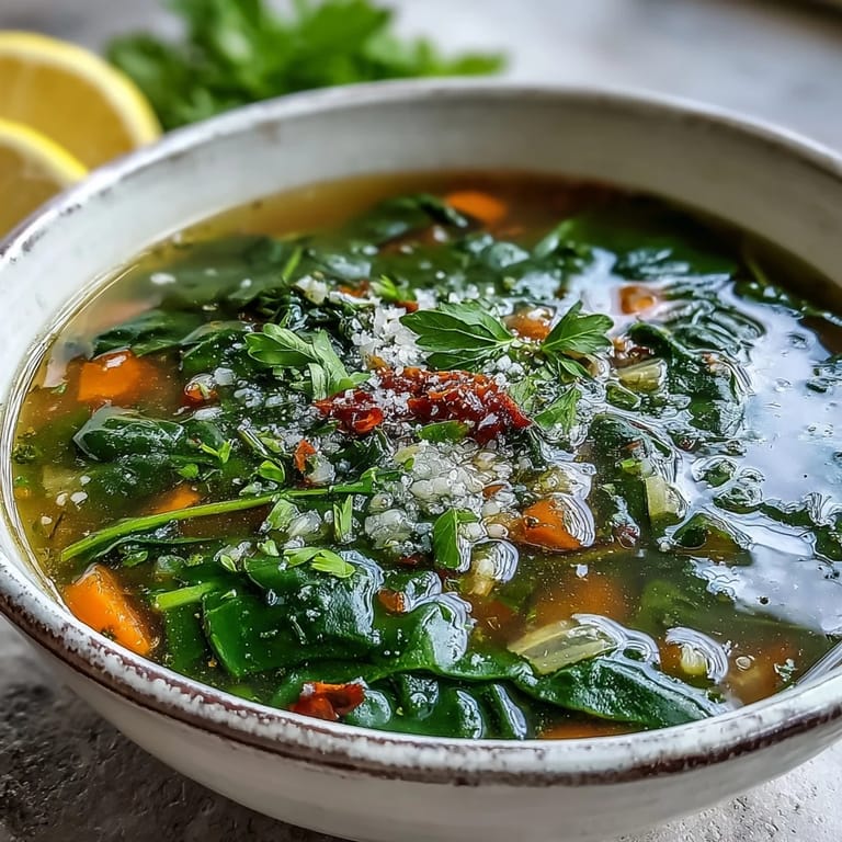 Steaming Swiss Chard Soup served in a white ceramic bowl, with a spoon ready beside freshly ground black pepper and a lemon wedge on the side.
