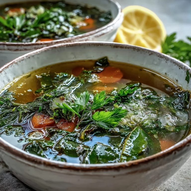 Top-down view of homemade Swiss Chard Soup in a pot, featuring wilted chard leaves, celery, and a ladle ready to serve four cozy bowls.