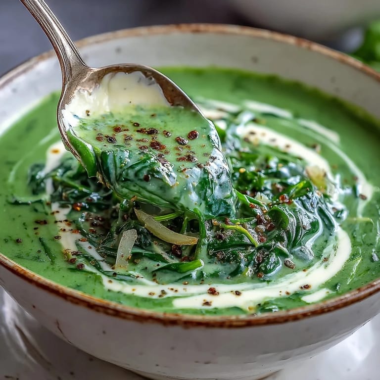 Creamy Spinach Soup served alongside warm, crusty artisan bread, perfect for dipping into the rich green broth.