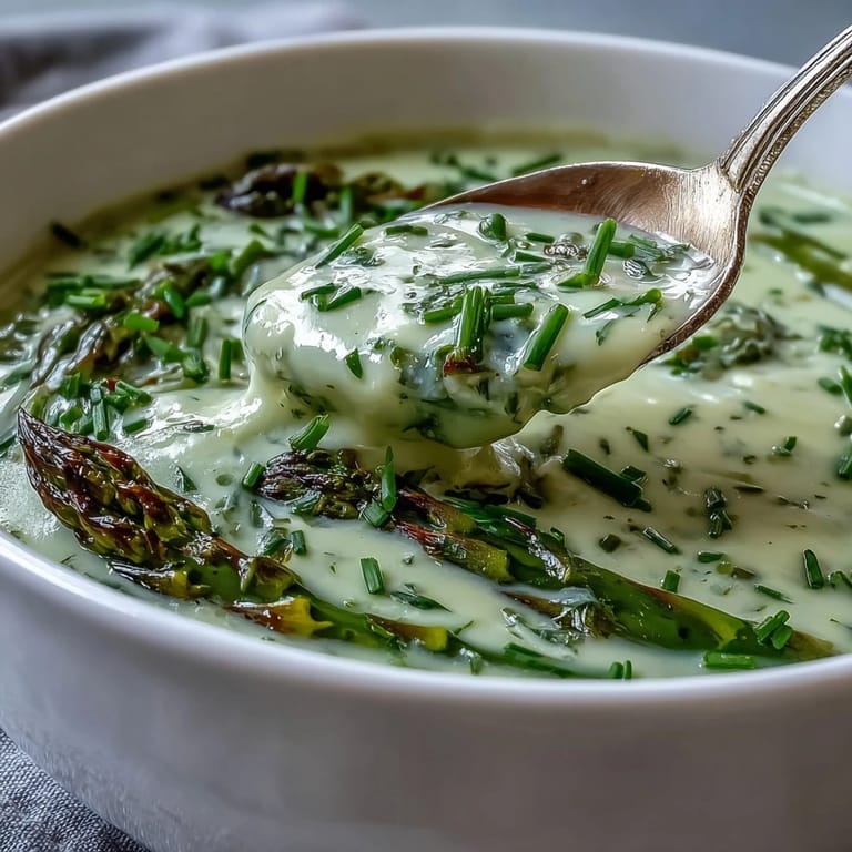 A bowl of velvety Asparagus Soup topped with blanched tips, served alongside crusty bread.