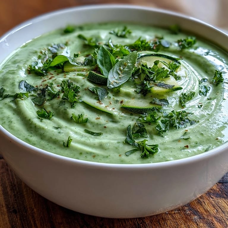 Vibrant Zucchini Soup garnished with parsley, ready to serve as a light summer appetizer or chilled starter.