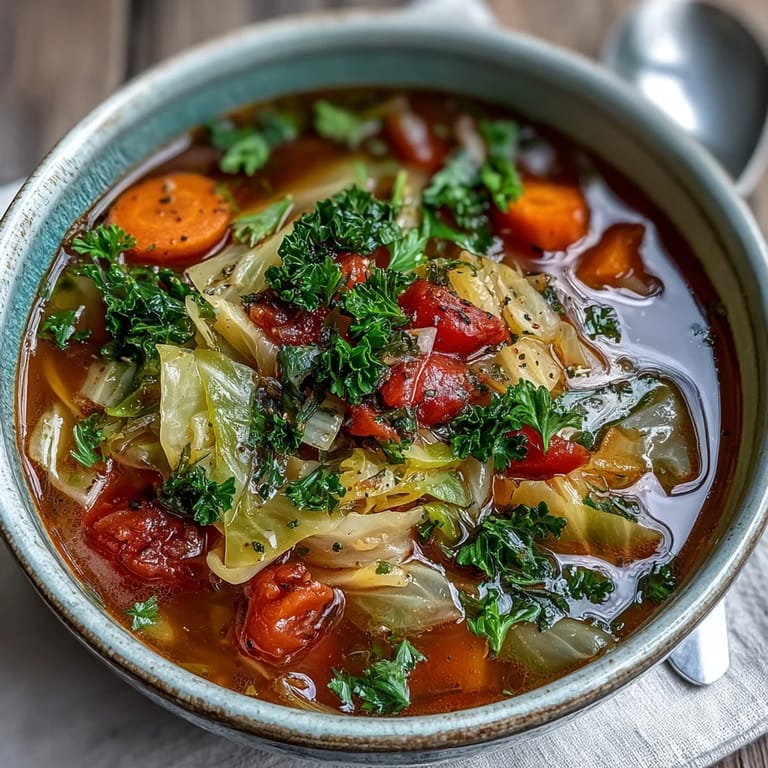 This vibrant Cabbage Soup features a colorful medley of carrots, celery, and tomatoes simmered in a savory broth, ideal for healthy meal prep.