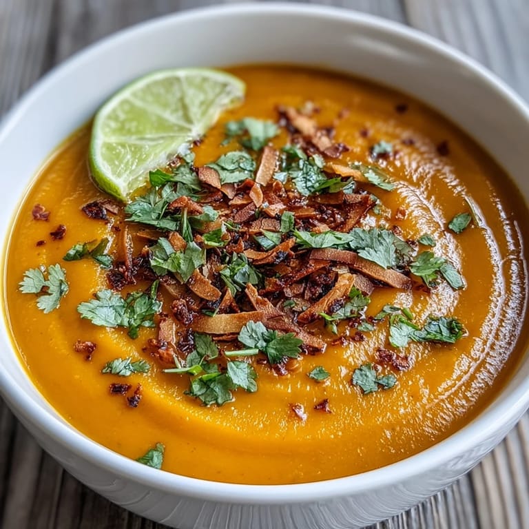 Steamy bowl of Carrot and Coconut Soup topped with cilantro and a lime wedge, perfect for a comforting lunch.
