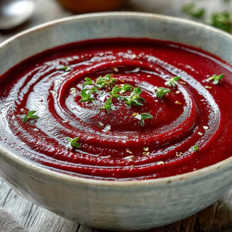 Creamy roasted beet soup served in a rustic bowl with crusty bread on the side.