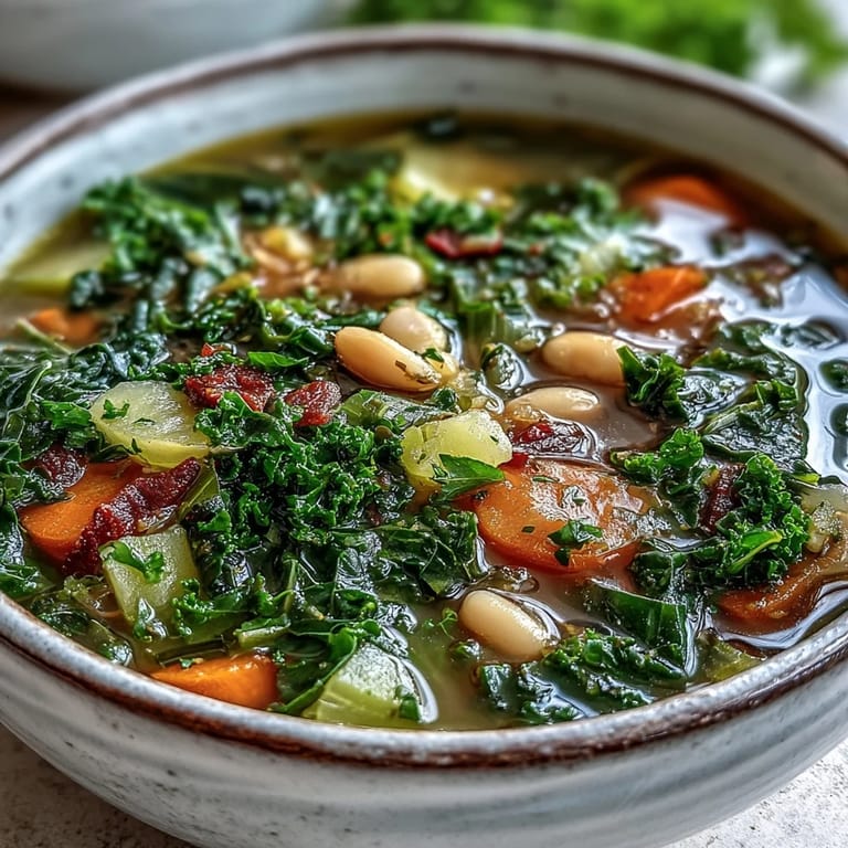 Nourishing kale soup served in a white bowl with a bright lemon wedge and a slice of crusty bread.