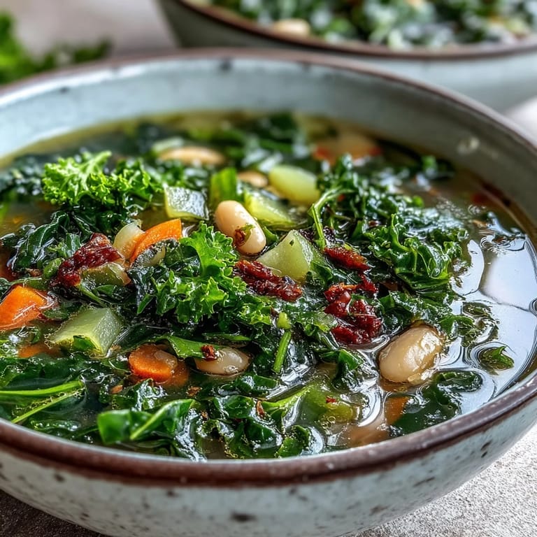 Vibrant kale soup simmering in a pot, revealing chopped carrots, celery, and potatoes in a savory vegetable broth.