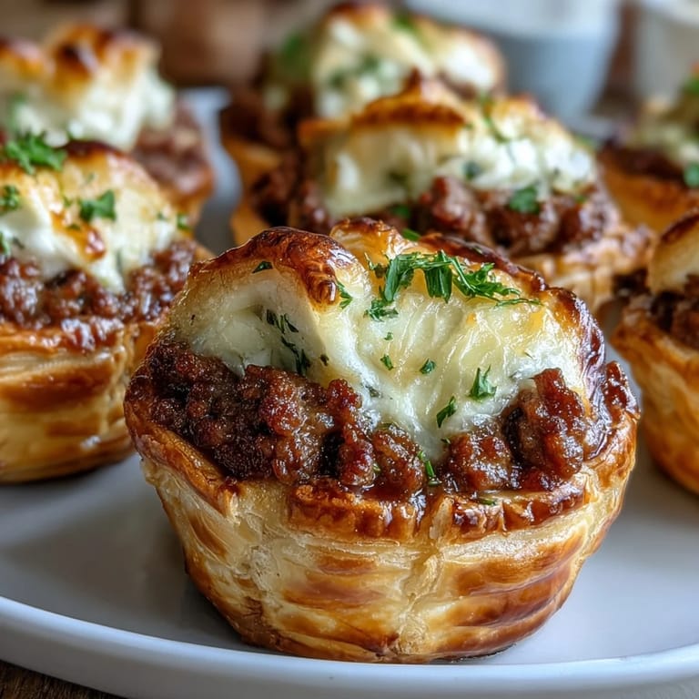 Fresh Mini Beef Tourtières served warm with a side of tangy Dijon mustard and fresh parsley.