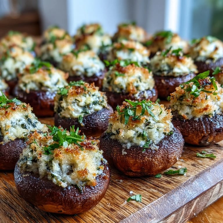 Baked Stuffed Asiago-Basil Mushrooms with bubbly golden cheese and fresh basil garnish on a tray.