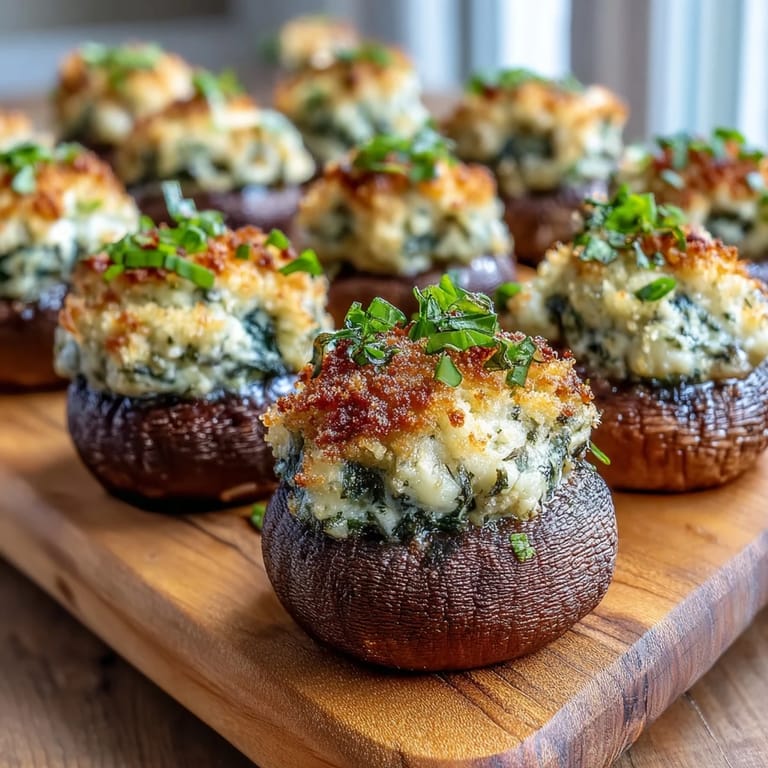 Platter of warm, vegetarian Stuffed Asiago-Basil Mushrooms topped with grated cheese and fresh parsley.