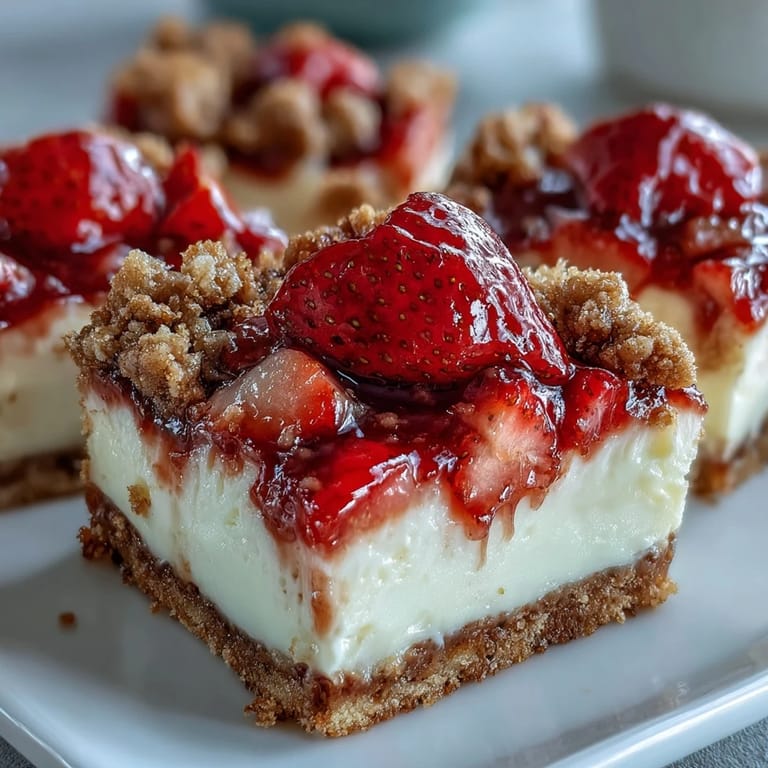 A platter of homemade Strawberry Cheesecake Bars garnished with whole berries and a dusting of powdered sugar.