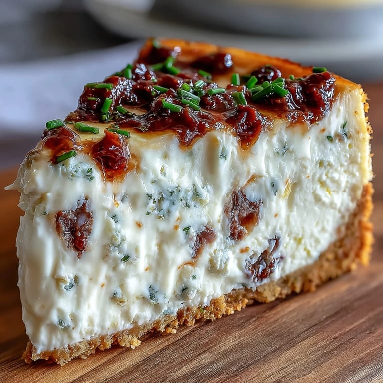 A close look at a Kalamata cheesecake appetizer, garnished with chopped olives and chives, ready to serve.