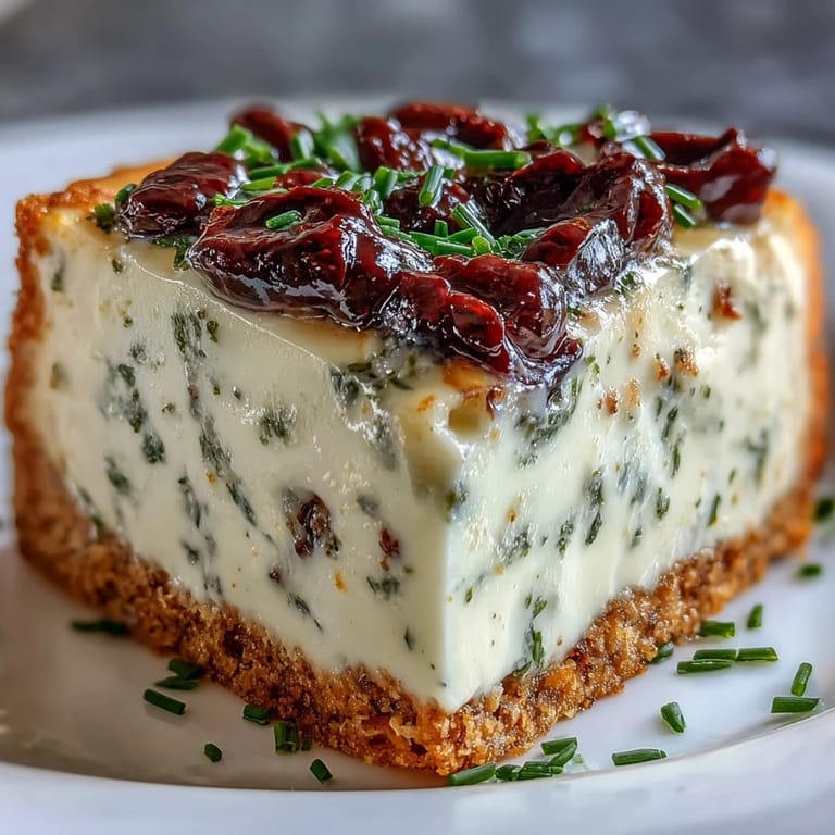 Savory Kalamata cheesecake appetizer plated with crackers, featuring a creamy filling and a golden-brown baked crust.