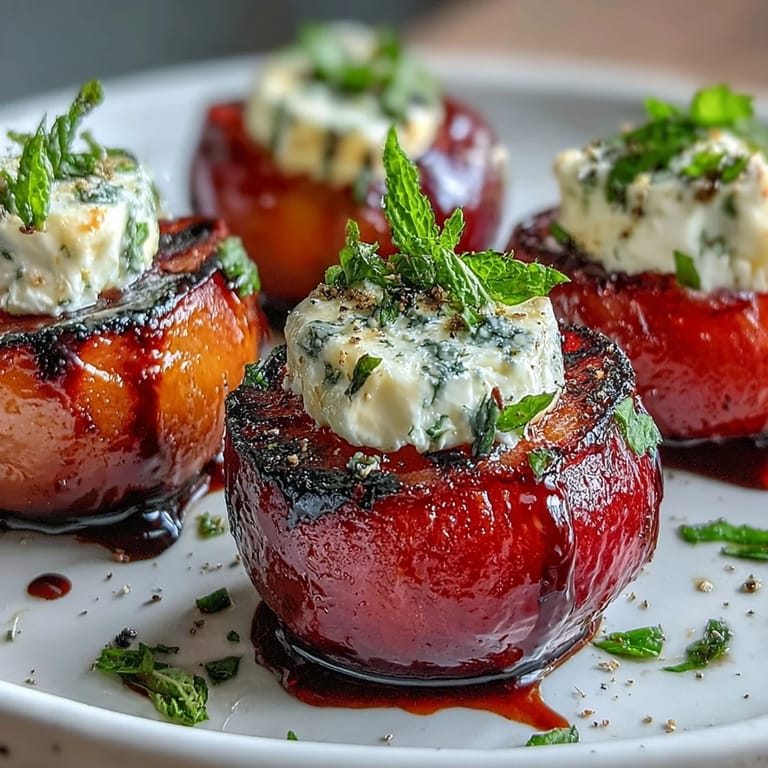 Balsamic-Goat Cheese Grilled Plums garnished with mint, served warm as an elegant vegetarian dessert.