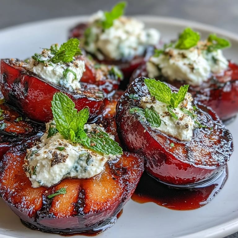 Charred grilled plums with creamy goat cheese and sticky balsamic glaze, ready to serve for summer.
