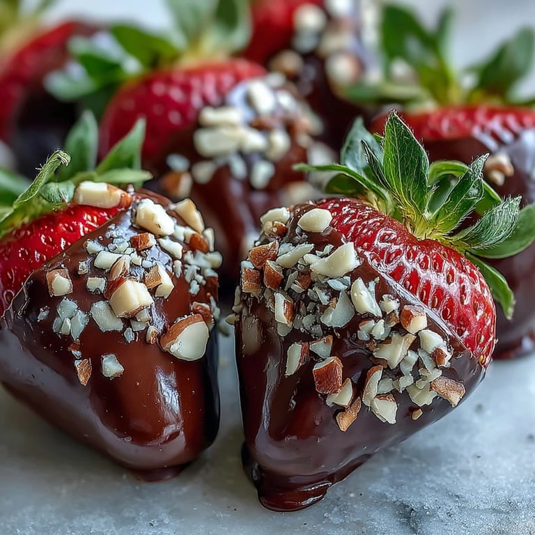 Handheld chocolate covered strawberries topped with chopped nuts, displayed on a white plate for a party.