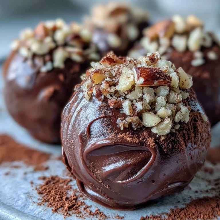Velvety homemade chocolate truffles coated in toasted hazelnuts, served on a chilled plate for easy dessert plating.