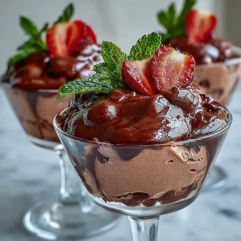Layered Chocolate-Covered Strawberry Mousse in clear glasses, showing airy texture and dark chocolate topping.