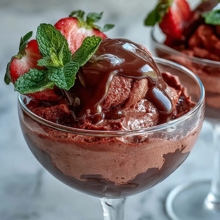 Elegant Chocolate-Covered Strawberry Mousse dessert, ready to serve with mint leaves and fresh berries.
