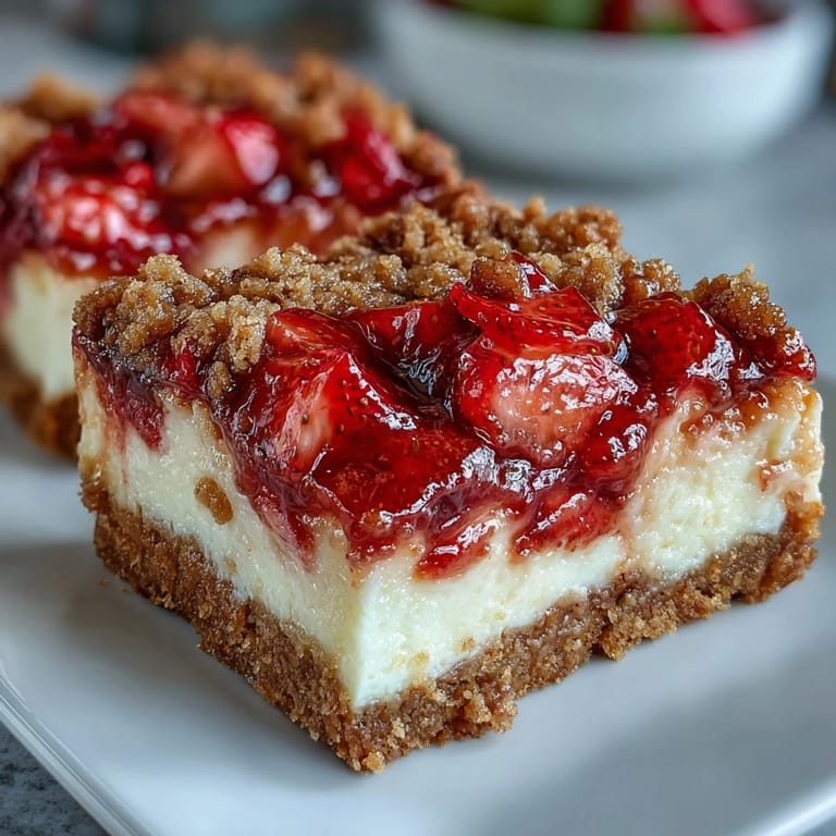 Freshly sliced Strawberry Cheesecake Bars reveal a creamy layer and juicy berry topping on a marble slab.
