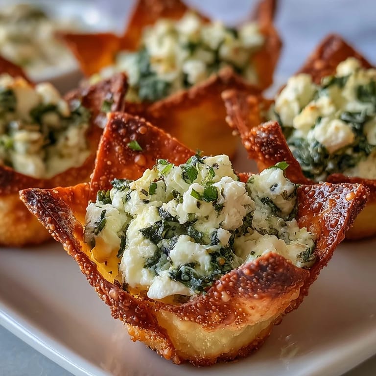 Golden wonton cups hold creamy feta and spinach filling, Mediterranean Spinach and Feta Cheese Crisps baked until crisp.